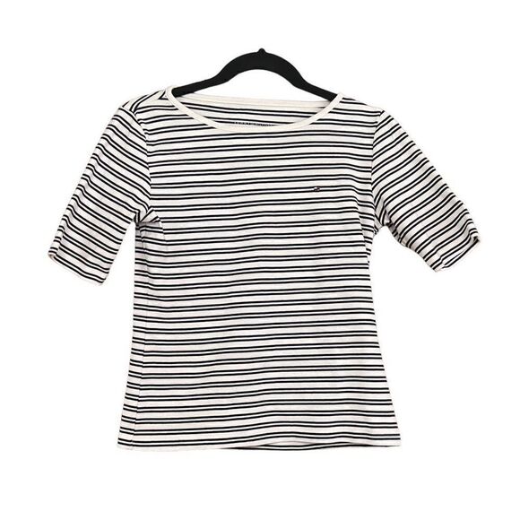 TOMMY HILFIGER White & Navy Blue Striped Short Sleeve Blouse Size S - Picture 1 of 4